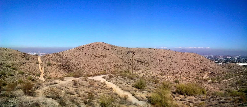 A panorama of the National Trail, the main hiking route through South Mountain Park, Phoenix, Arizona. SouMou is the largest city park in the world. Taken with my Motorola Zine ZN5 mobile phone.