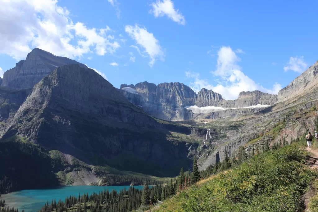 A close-up of a glacier surrounded by towering peaks in Glacier National Park.