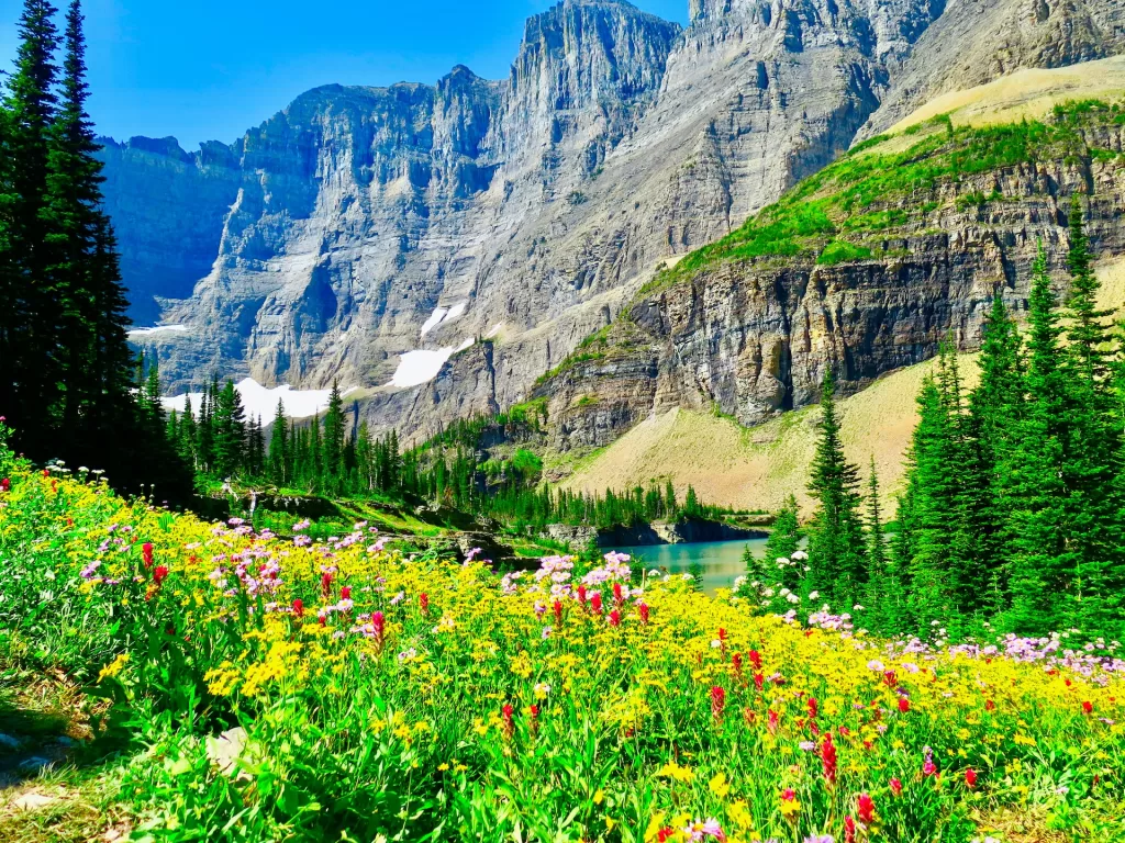 A stunning alpine lake surrounded by towering peaks and filled with floating icebergs in Glacier National Park.