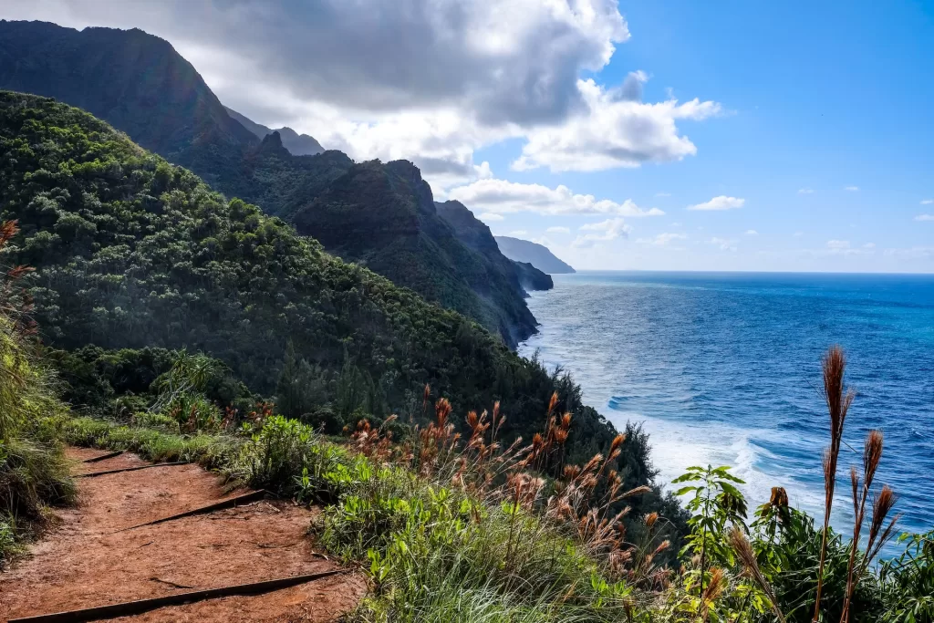 A hiker on the Kalalau Trail overlooking the Napali Coast