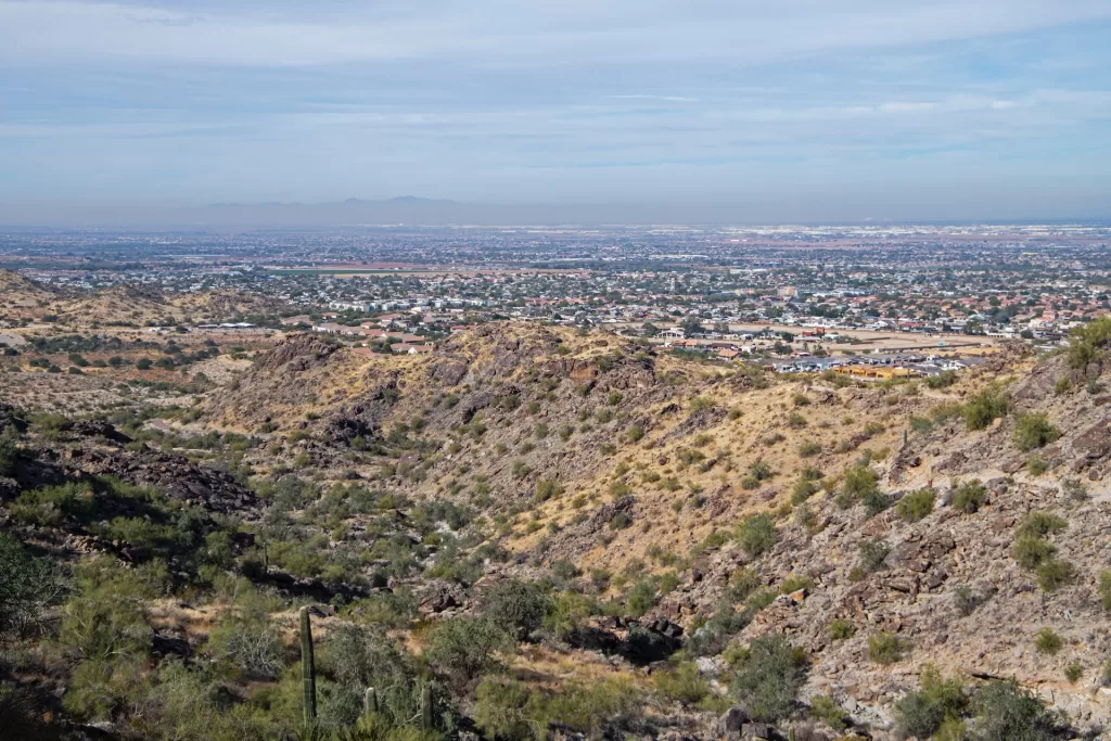 Sunrise at South Mountain Park National Trail, offering scenic vistas and challenging hikes in Phoenix.